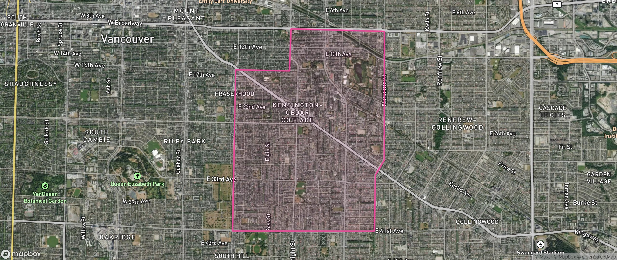 Map of Kensington-Cedar Cottage, Vancouver showing the community boundary