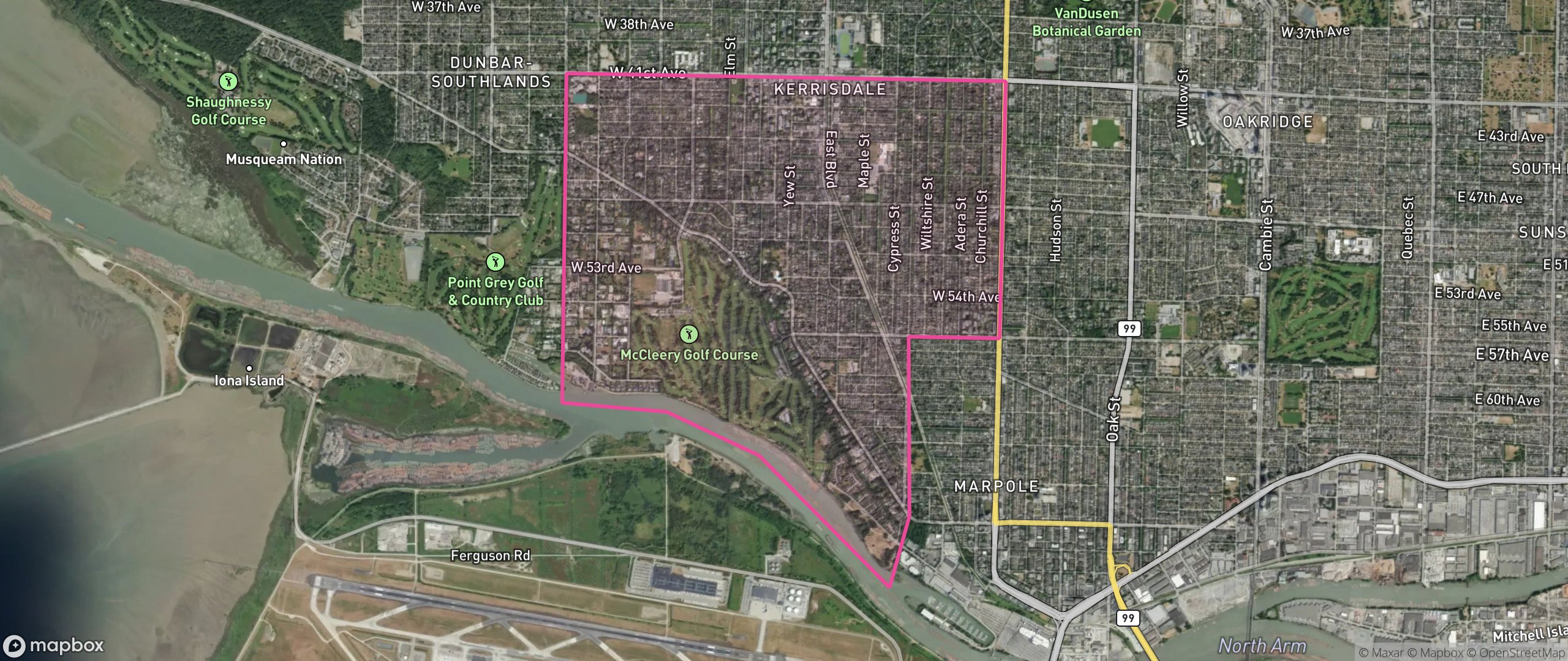 Map of Kerrisdale, Vancouver showing the community boundary