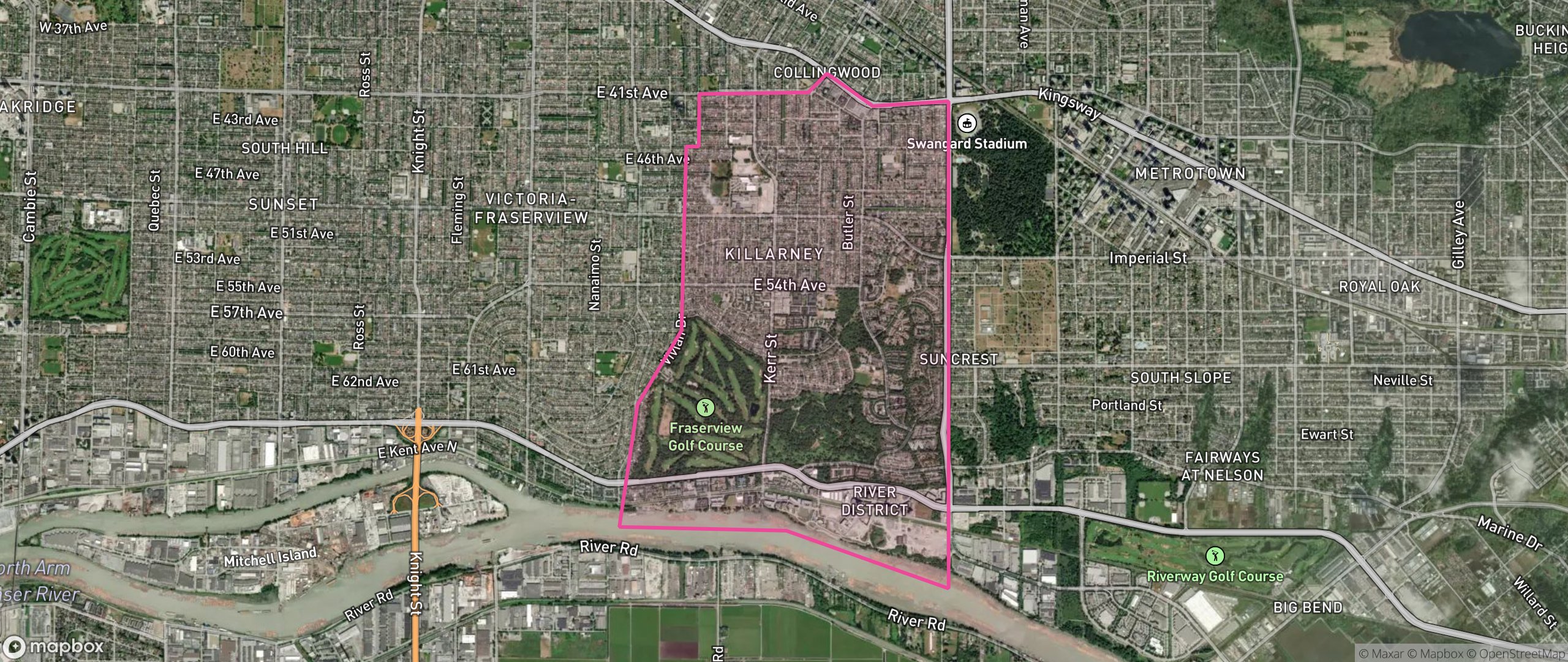 Map of Killarney, Vancouver showing the community boundary