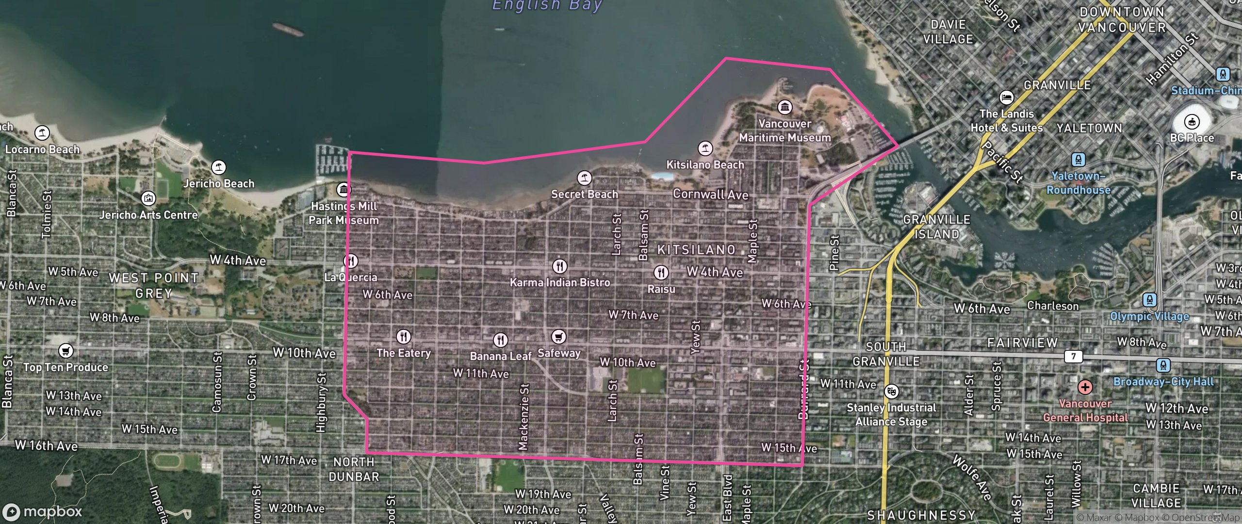 Map of Kitsilano, Vancouver showing the community boundary