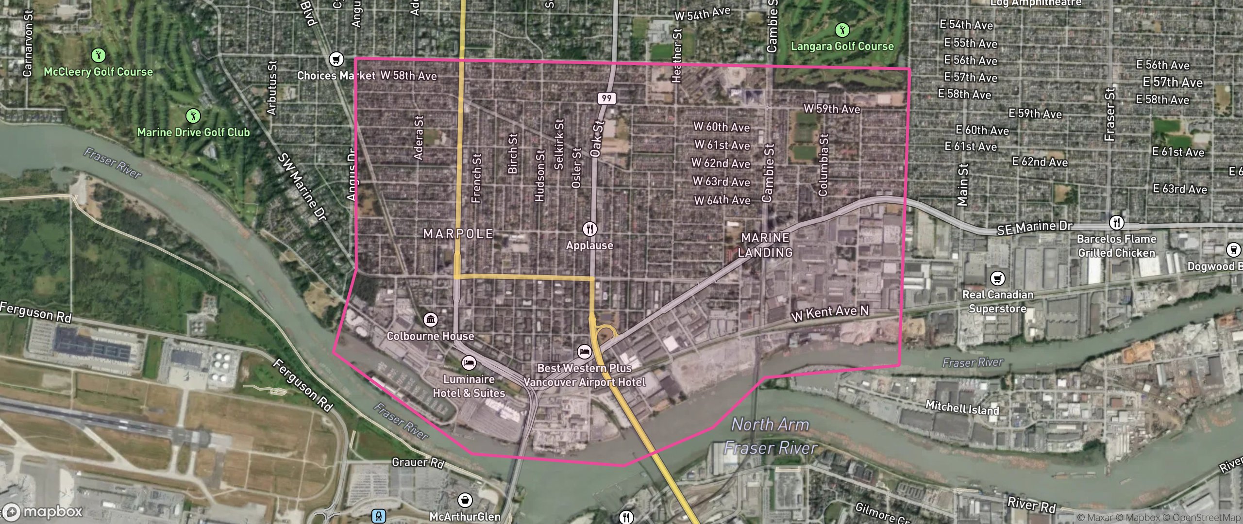 Map of Marpole, Vancouver showing the community boundary