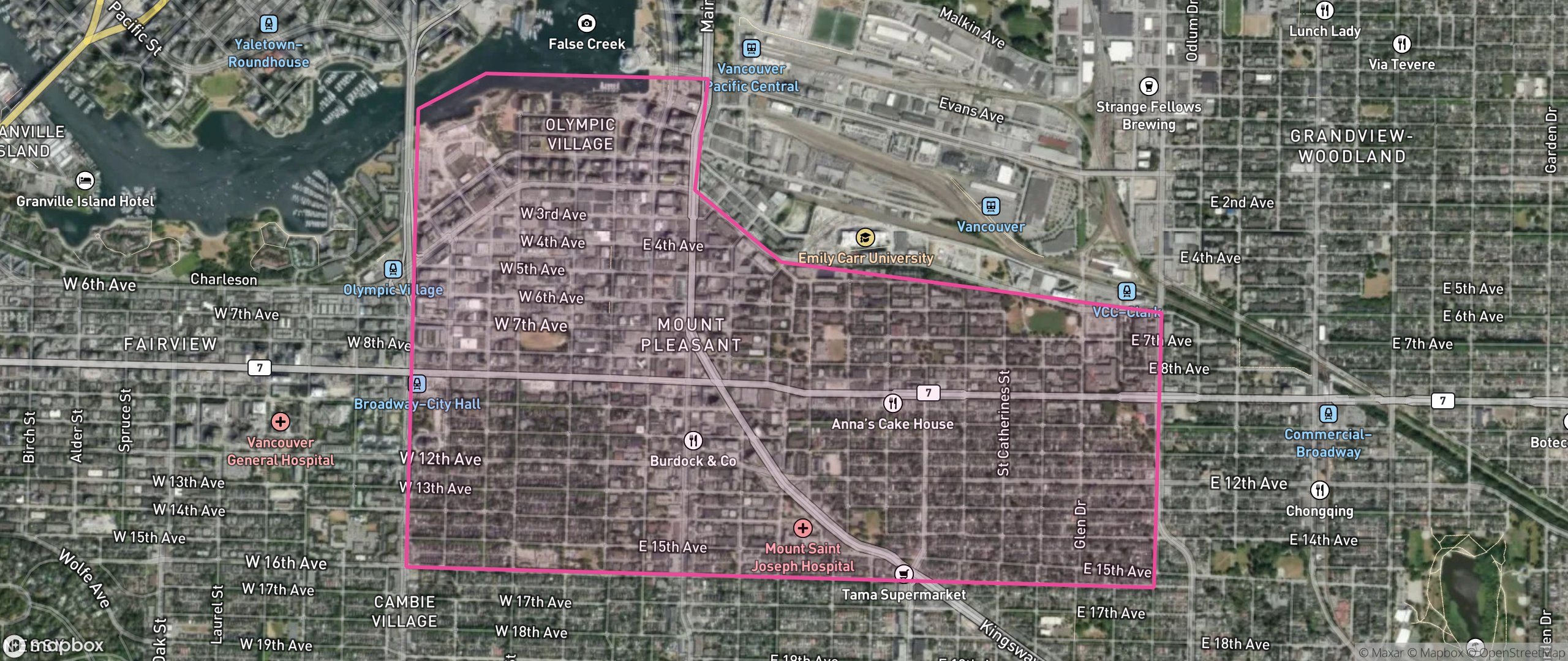 Map of Mount Pleasant, Vancouver showing the community boundary