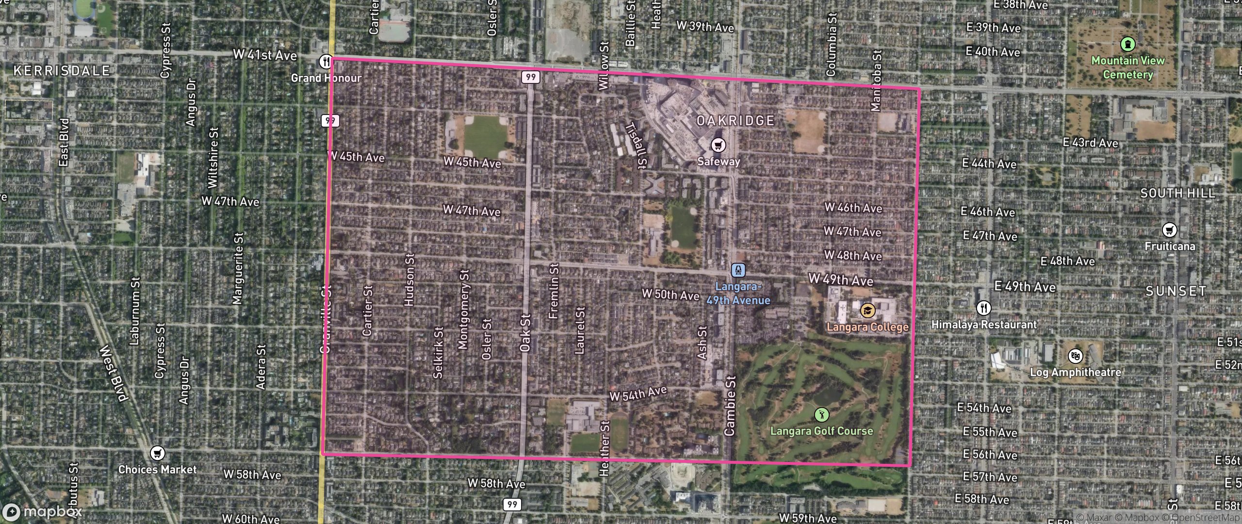 Map of Oakridge, Vancouver showing the community boundary