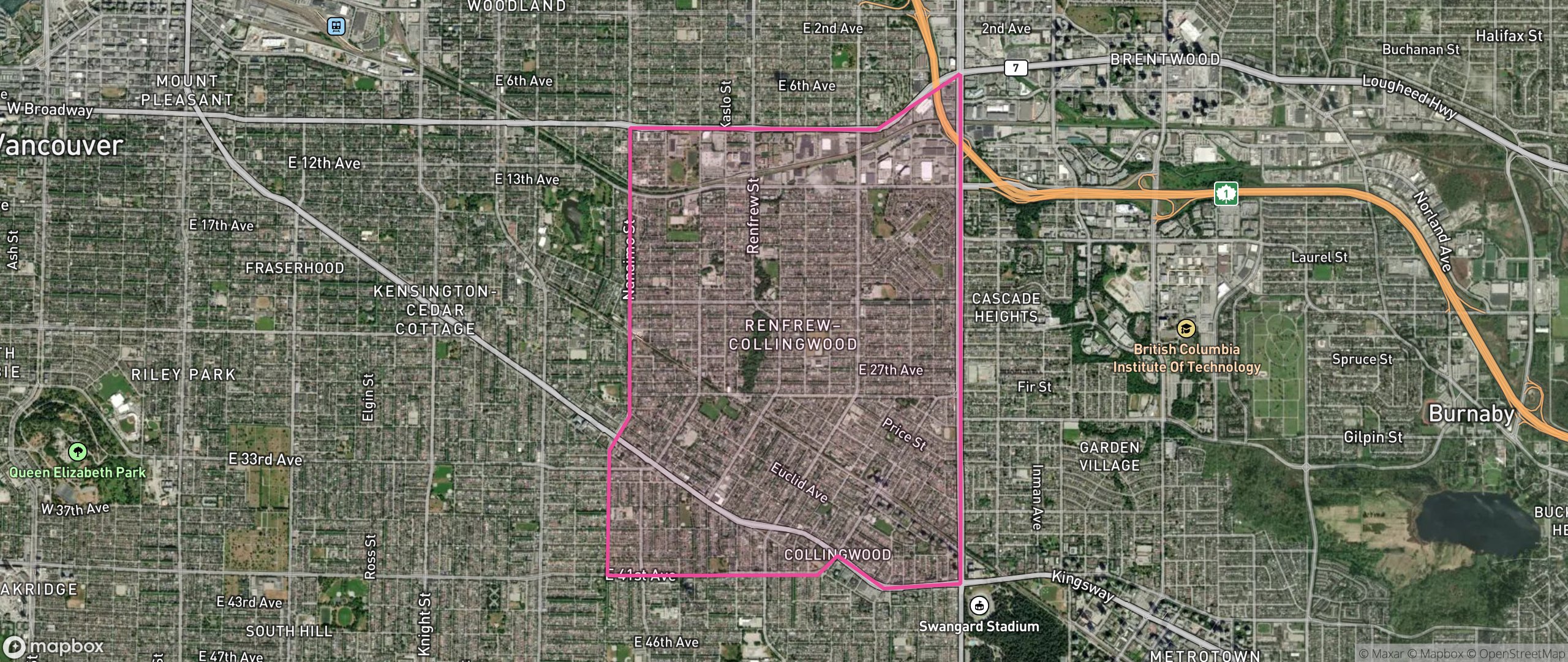 Map of Renfrew-Collingwood, Vancouver showing the community boundary