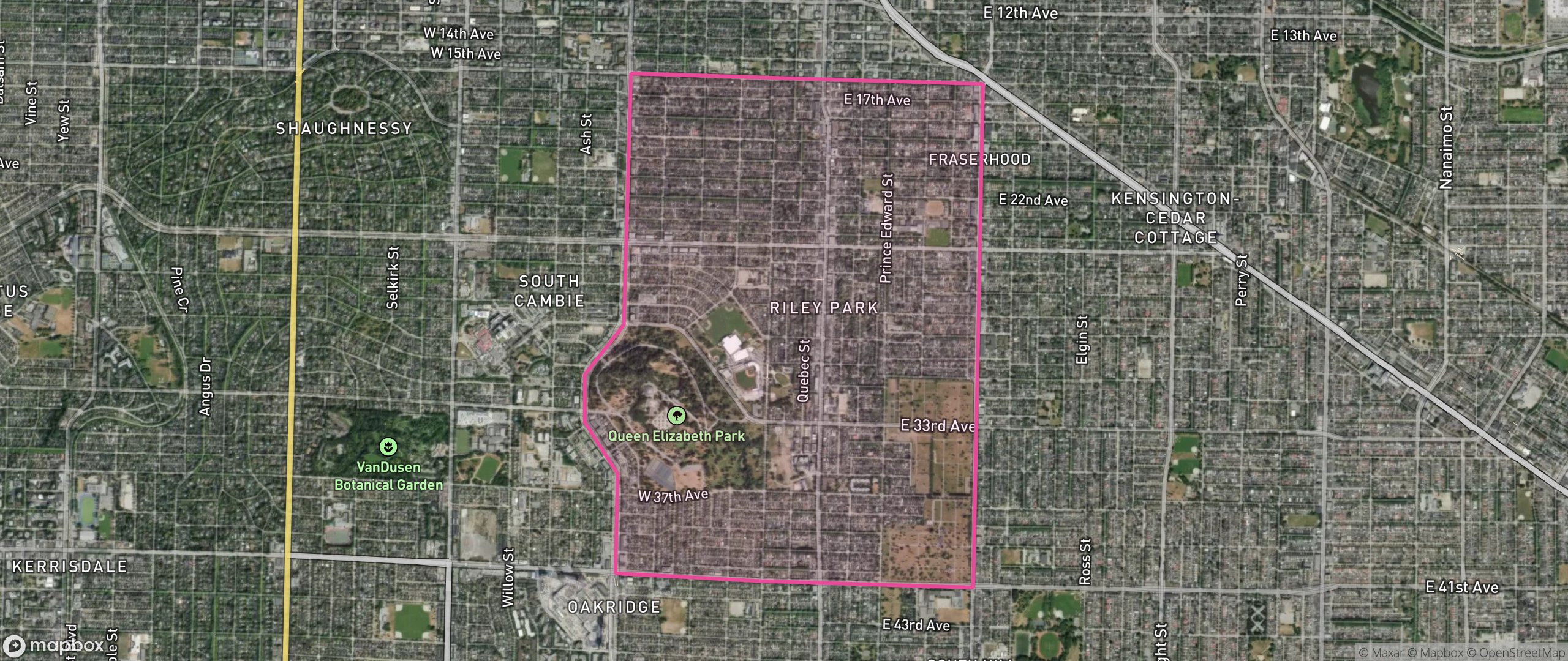 Map of Riley Park, Vancouver showing the community boundary