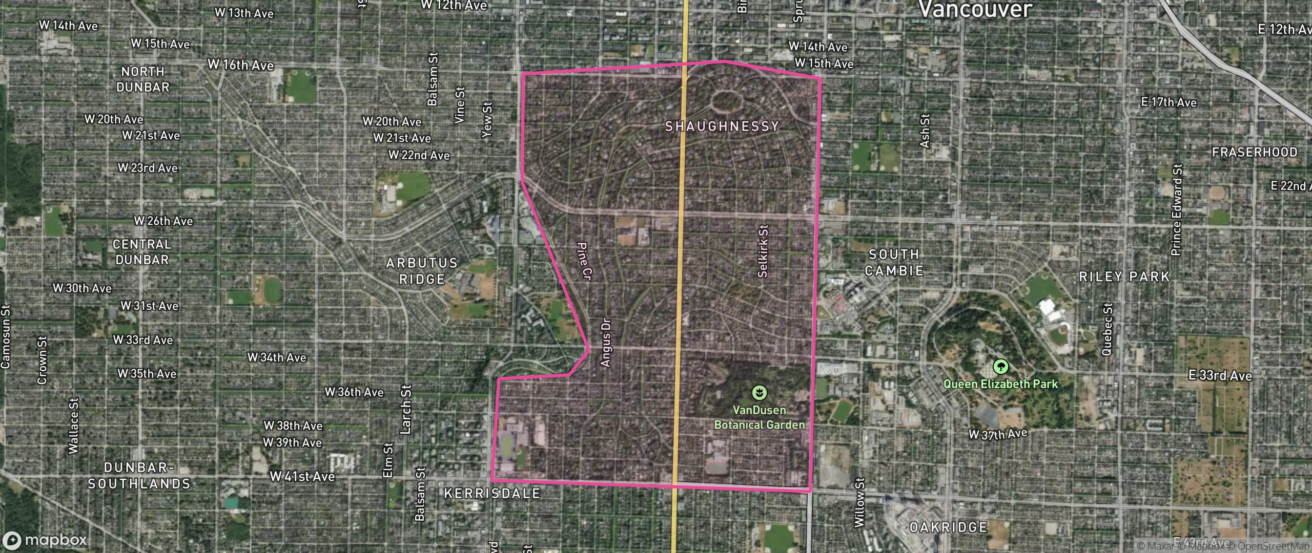Map of Shaughnessy, Vancouver showing the community boundary