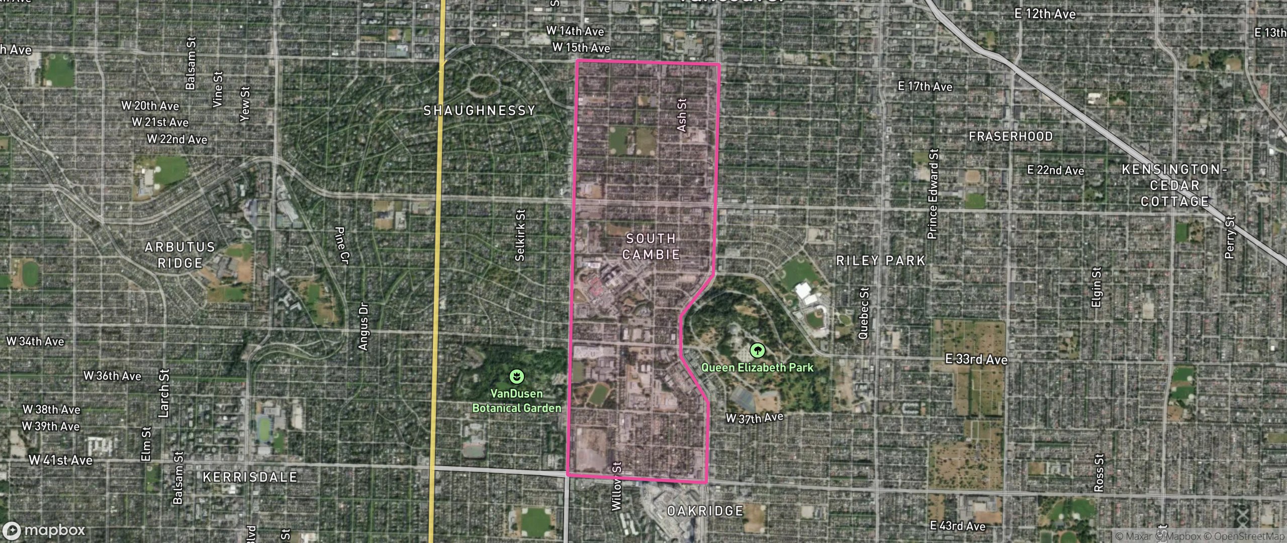 Map of South Cambie, Vancouver showing the community boundary