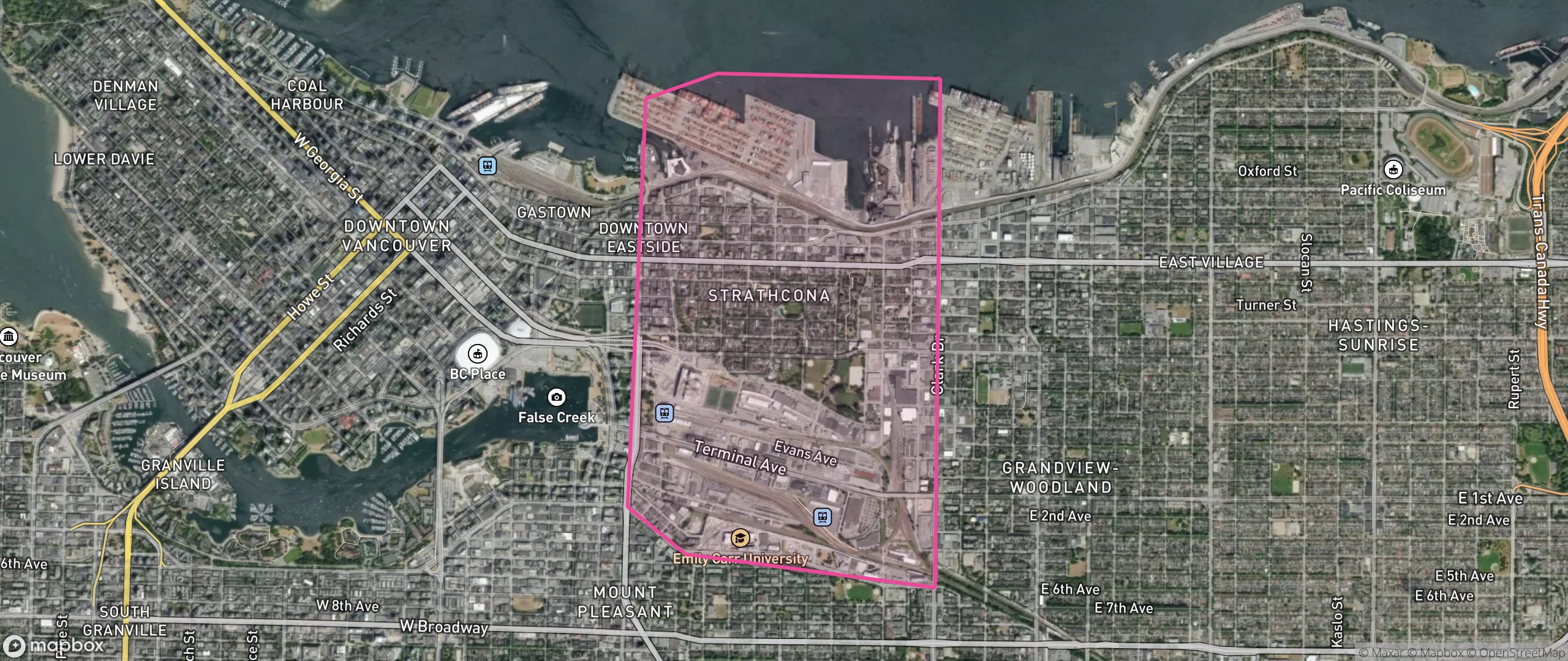 Map of Strathcona, Vancouver showing the community boundary