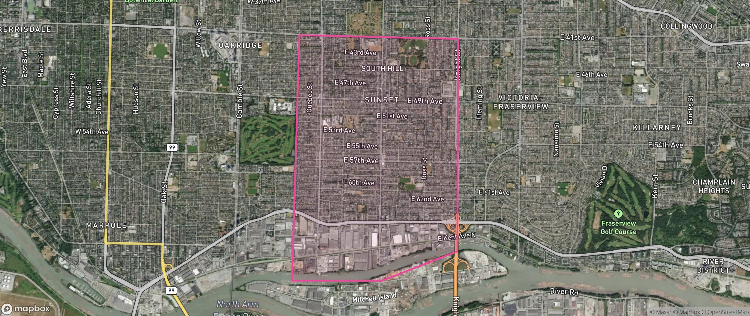 Map of Sunset, Vancouver showing the community boundary
