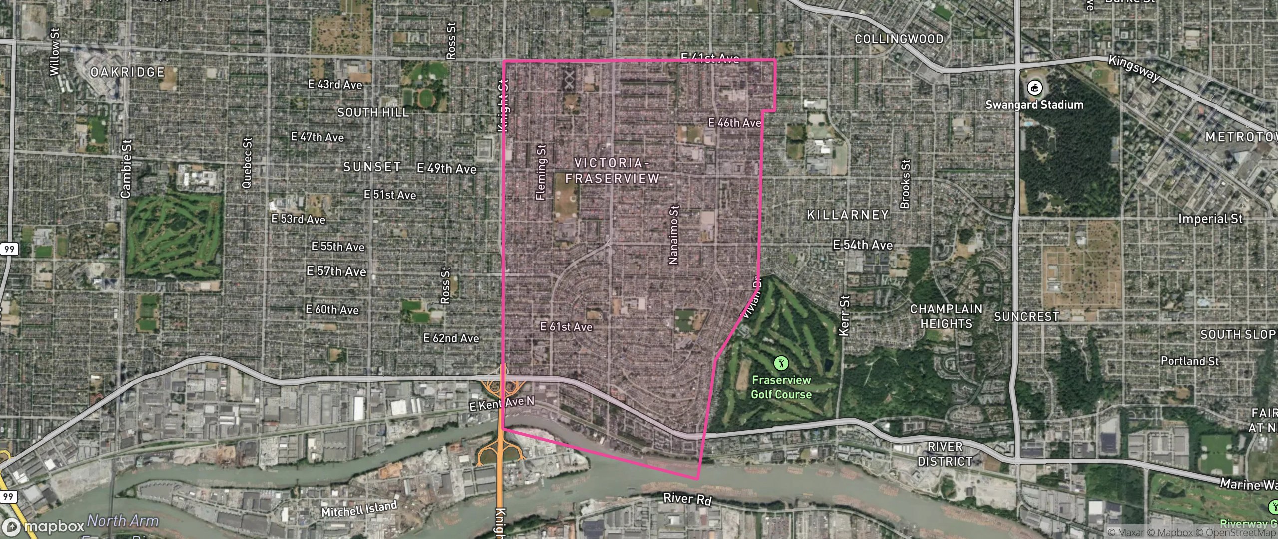 Map of Victoria-Fraserview, Vancouver showing the community boundary