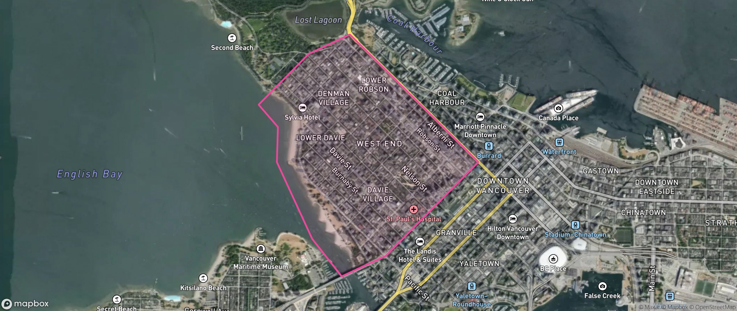 Map of West End, Vancouver showing the community boundary