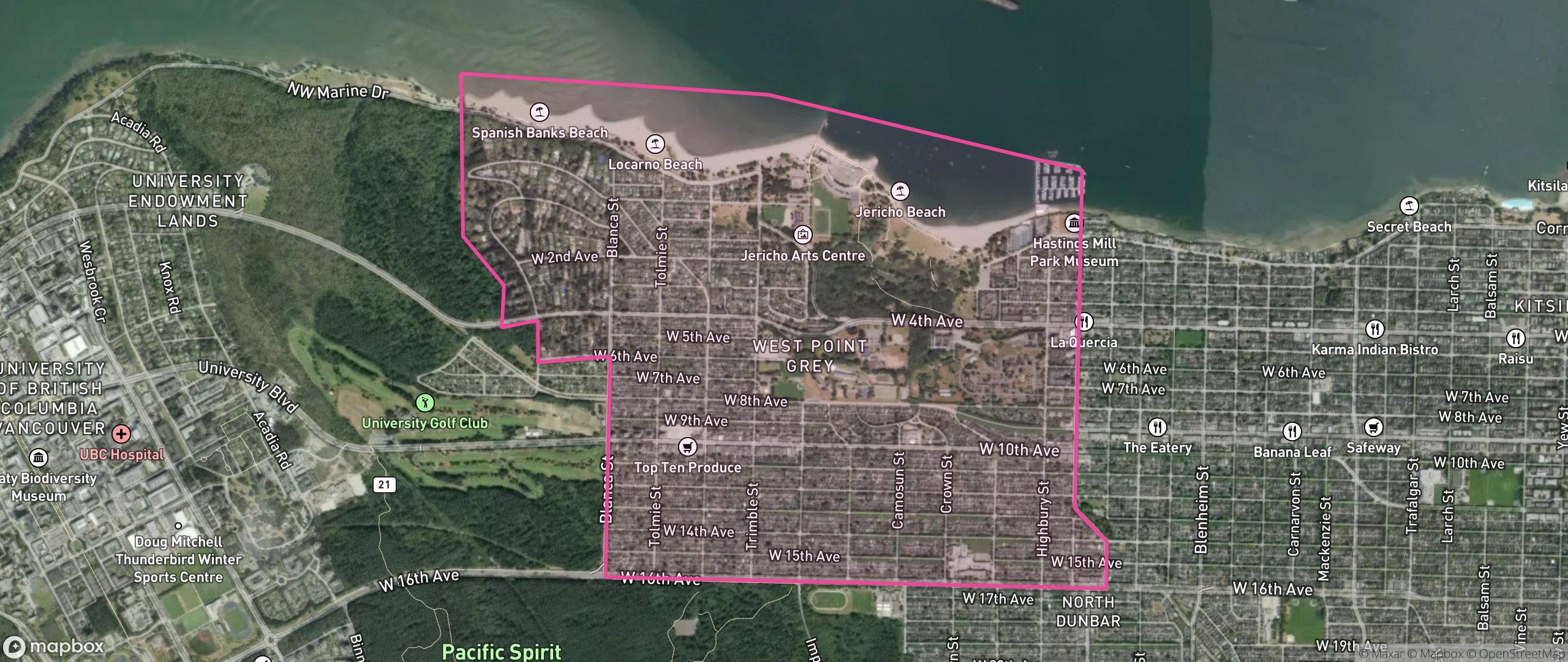Map of West Point Grey, Vancouver showing the community boundary